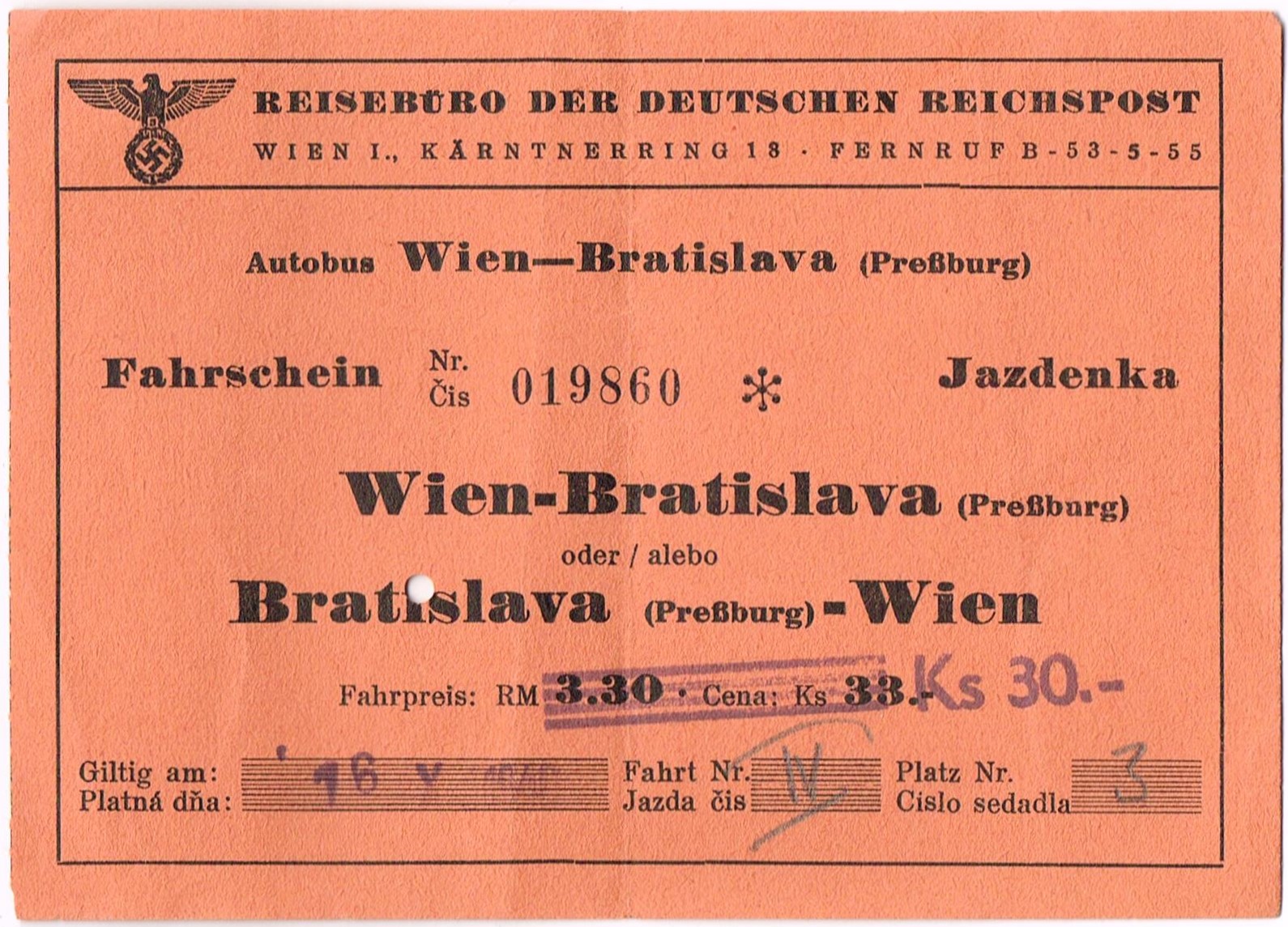Fahrschein - Reisebüro der deutschen Reichspost - Autobus Wien-Bratislava